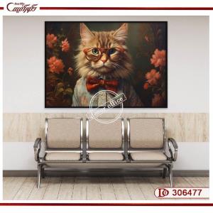 تابلوی گربه با عینک و پاپیون قرمز R306477