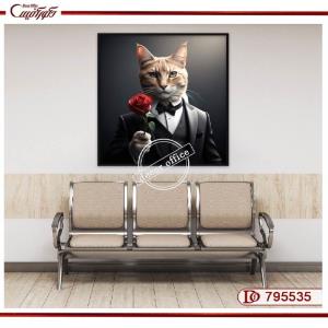 تابلوی گربه با کت‌وشلوار و گل رز S795535