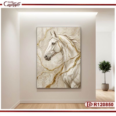 تابلو اسب سفید با رگه‌های طلایی R120850