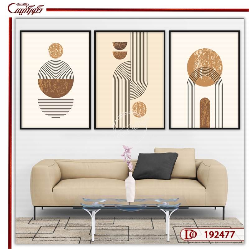 تابلو مینیمال با خطوط ساده و دایره ای با رنگهای سفید، کرم و قهوه ای