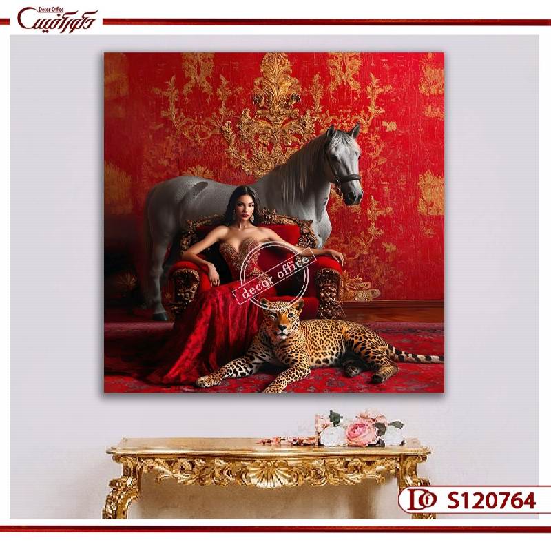 تابلو کلاسیک مدرن با تصویری از یک خانم زیبای اشرافی و اسب و پلنگ