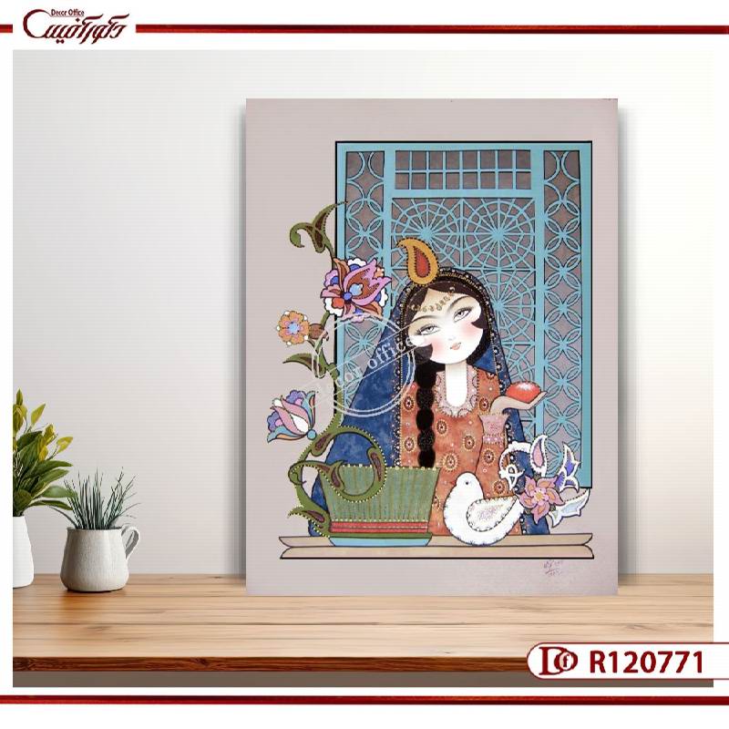 تابلو نقاشی ایرانی یک زن به سبک قدیمی و سنتی با رنگهای شاد